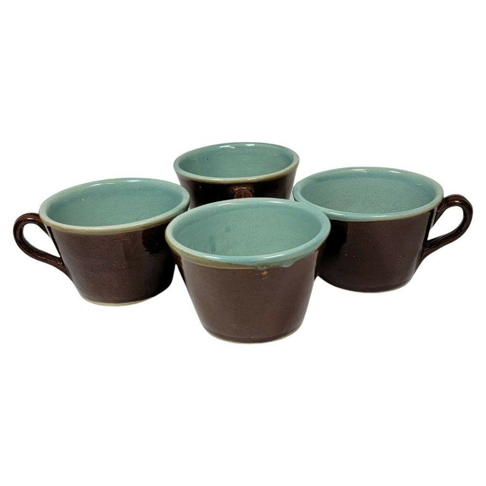 Vtg Set 4 Lot Red Wing Pottery Village Brown Soup Cup Coffee Mug Teal Green Blue